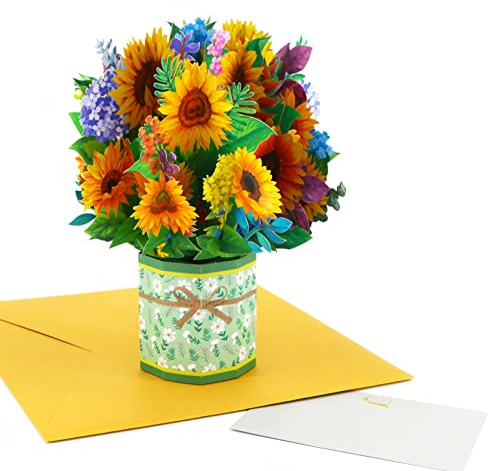 Fassory 3D Pop up Flower Card, Handmade Sunflower Bouquet Birthday Wedding Anniversary Card for Female Friend Mum Sister Auntie Grandma (Sunflower Bouquet)