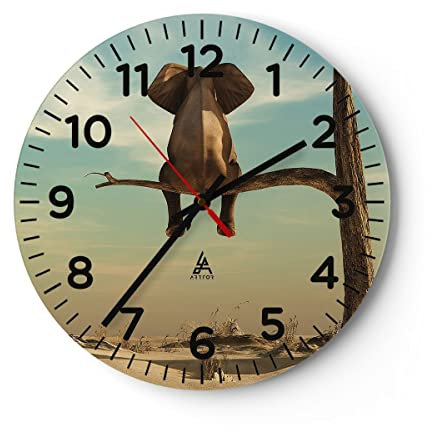 Modern Wanduhr Elefant sitzend AST 40x40cm Rund Groß Wand Uhr Glas Analog Zimmeruhren Küche Büro Wohnzimmer Glasuhr Wall Clock Dekoration Design Wanddekoration Küchenuhr C4AR40x40-4557
