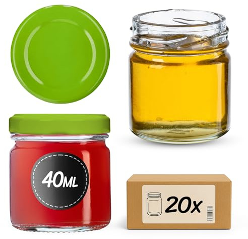 KADAX 20er Set Mini Einmachgläser 40ml mit TO43 Schraubdeckel Grün – Gewürzgläser, Probiergläser & Marmeladengläser | Luftdicht & Spülmaschinenfest