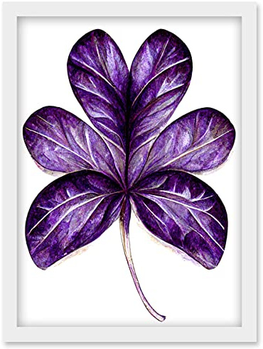 Wee Blue Coo Purple on White Six Clover Modern Simple Leaf Illustration Artwork Framed Wall Art Print A4
