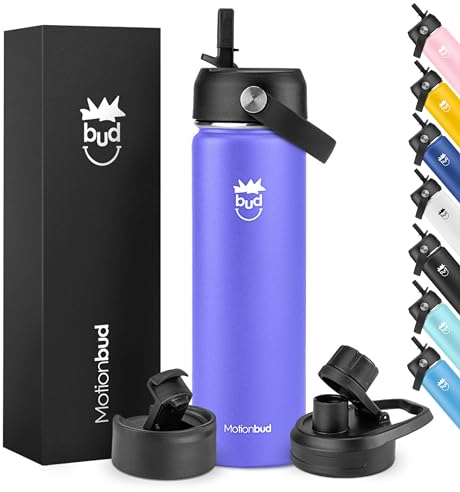 Motionbud 625 ml Wasserflasche | Edelstahl, vakuumisoliert, auslaufsichere Wasserflaschen | breite Öffnung, 3 Deckel (Chug, Flip & Strohhalm-Deckel) | Violett