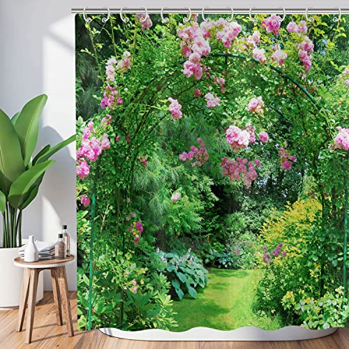 Hnmdmyi Rideau de Douche Jardin 180x240, 3D Fleurs Vert Feuilles Rose Fleur Jardin Italien Paysage Naturel, Baignoire Imperméable Polyester Tissu Lavable