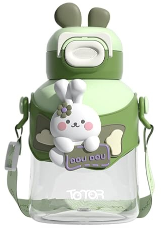 HACODAN Kawaii - Borraccia in paglia con cinturino, motivo: coniglio, con adesivi, per caffè e ufficio, viaggi (verde)