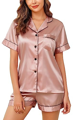 Vlazom Damen Satin Schlafanzug Kurzarm Satin Pyjama Set mit Knopfleiste Zweiteiliger Hausanzug(M,Erröten Rosa)