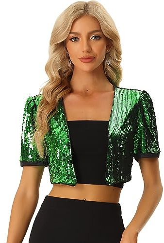 Allegra K Damen Halloween Pailletten Metallic Jacke Langarm Offen Front Party Glitzer Sequin Crop Bolero Grün XS