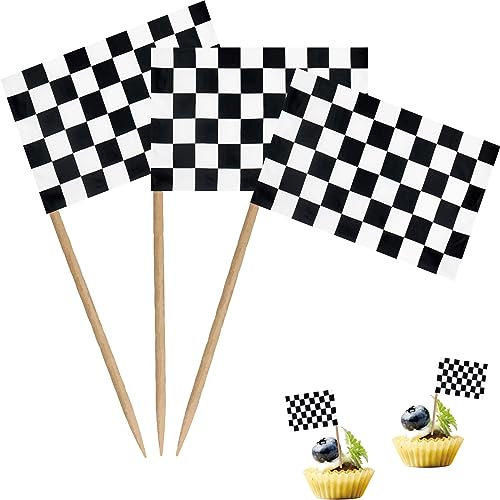 Checkered Black and White Racing Toothpick Flag Race Car Small Mini Cocktail Fruit Cupcakes Toppers Food Stick Flags Decorations,100 Pack