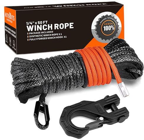AUTOBOTS Synthetic Winch Rope 1/4 X 50 Ft， 9800lbs Winch Rope with Heavy Duty 3/8 Winch Hook，Winch Rope Cable Line with Protective Sleeve for Off Road Vehicle ATV UTV Black