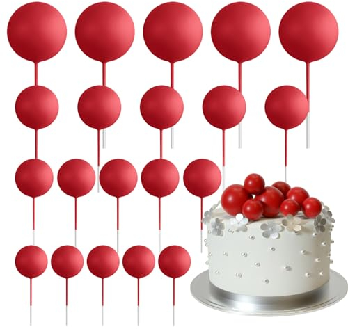 ASTARON 20 Mini Balloons & Balls Cake Decorations - Red Cake Topper Sticks for Wedding & Birthday