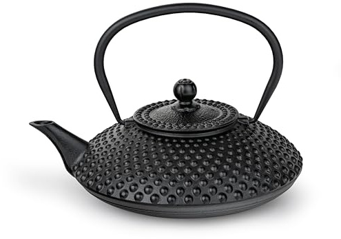 Bredemeijer Asia Gusseisen Teekanne 1,25 Liter - schwarze flache gusseiserne Kanne mit Noppenstruktur & wiederverwendbaren Edelstahlfilter - für alle Teesorten geeignet