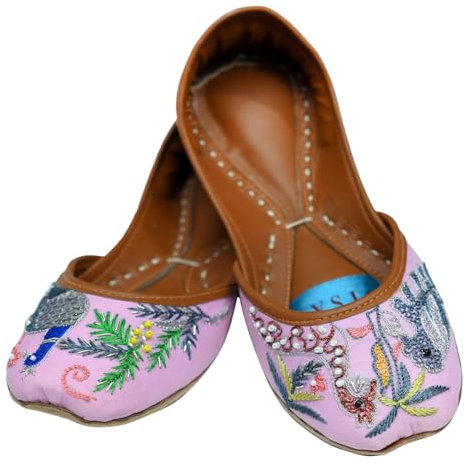 Women Ladies Traditional Embroidery Ethnic Bridal Handmade Leather Pink with Peacock embroidary Flat Khussa Indian Pumps Slip On Shoes (7)