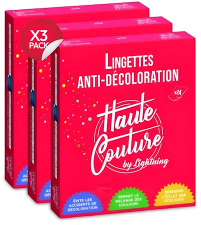 Lingettes Anti-Décoloration pour Linge - Lot de 3 x 24 lingettes HAUTE COUTURE - Permet de mélanger les vêtements de couleurs/Sans parfum