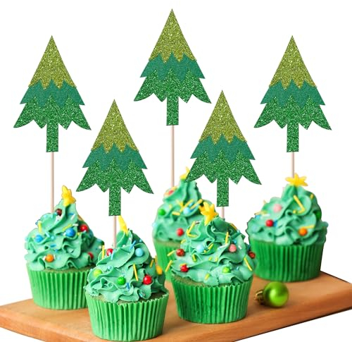Xsstarmi Cupcake-Aufsätze für Weihnachtsbaum, glitzernd, Farbverlauf, Cupcake-Picks für Weihnachten, Winter, Geburtstag, Neujahr, Weihnachten, Urlaub, Party, Kuchendekorationen, Zubehör, 24 Stück