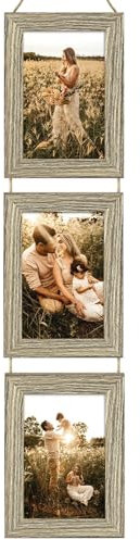 Photo Frame with Twine 6x4, Wooden Hanging Multi 3 Photo Picture Frames, Multiple Photo Frame, Picture Frame Made of Solid Wood for Living Room or Office, Brown