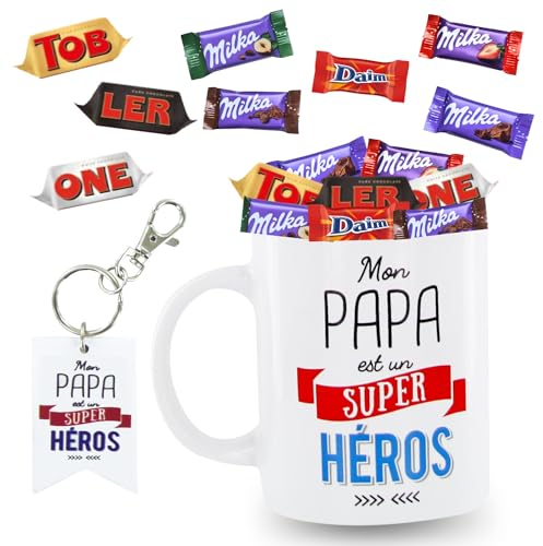 Mug Papa garni d'un assortiment de 20 bonbons au chocolat TOBLERONE,MILKA, DAIM, CELEBRATIONS, KINDER | Coffret Cadeau Original Prêt à Offrir pour une Fête ou un Anniversaire
