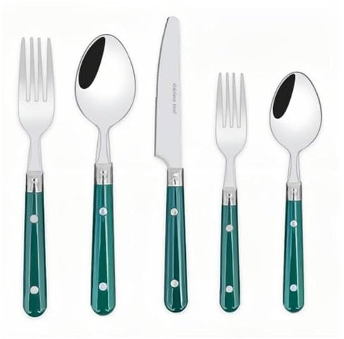 Two Nail Plastic Handle Kitchen Stainless Steel Silverware Tableware Flatware Cutlery Set Steak Knife Fork Spoon Teaspoon (Green,5 Pieces)