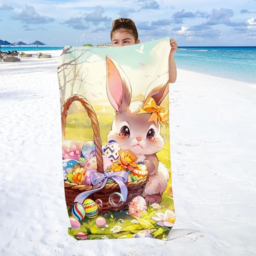 WEQEER Süßer Hase Strandtuch 90x180 cm Märchen Kaninchen Mikrofaser Strandtuch Badetuch Osterhase Strandlaken Handtücher Für Kinder Bad Schwimmen Camping (10,40x80cm)