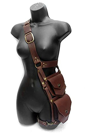 Cachorro Steampunk Gothic Leder Doppeltasche Holster, Vintage Antik Cosplay Kostüm Mode Accessoires, Wikinger Stil Umhängetasche Outdoor Sport Rucksack,Braun