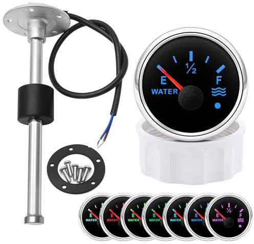 Marine Sailboat 52mm (2'') Water Level Tank Gauge with 7 Colors Backlights 12V 24V with 175mm Water/Fuel Level Sending Unit Sender Sensor
