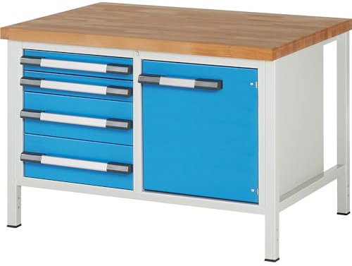 eurokraft | Werkbank | Gestellbauweise Serie 8000 | 4 Schubladen: 2 x 90 | 2 x 180 mm | 1 Tür 540 mm | BxT 1250 x 900 mm