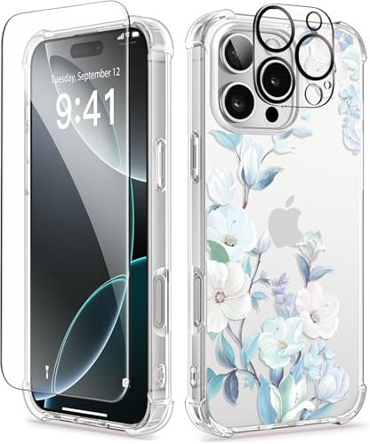 GVIEWIN Compatible with iPhone 16 Pro Case 2024,[Camera Control Button] with Screen &Camera Lens Protectors Clear Shockproof Drop Protection Anti-scratch Floral Cover for Women Girl, Hibiscus