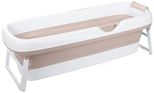 HelloBath® Faltbare Badewanne XXL 156x60x48 cm für Erwachsene | Tragbare Badewanne mit Kopfstütze & verlängerbarem Ablaufschlauch (3 m) | Mobile für Dusche & Outdoor – Sand