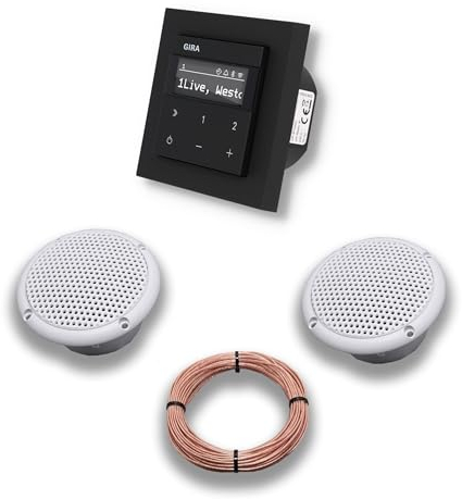 Gira Unterputz IP Internetradio 232003 + Bluetooth Komplett-SET, E2 schwarz matt + 2 x Deckenlautsprecher Einbaulautsprecher (Feuchtraum/Badezimmer) + 20 Meter Lautsprecherkabel 2x0,75 mm