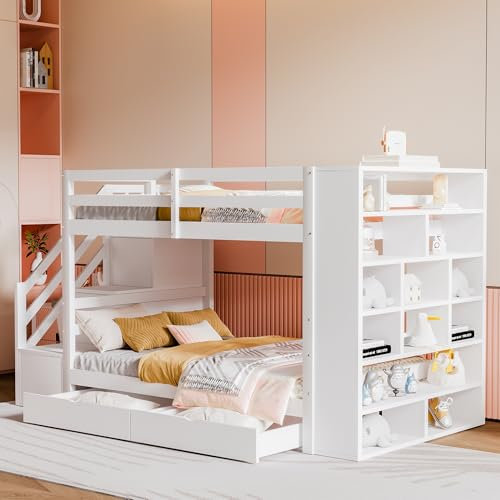 Ctastay Kinderbett Etagenbett 90x200 cm, Bett Holzbett Hochbett mit Stauraum Schubladen & Regale, Familienbett Gastbett mit Treppe & Rausfallschutz, Weiß (Ohne Matratze)