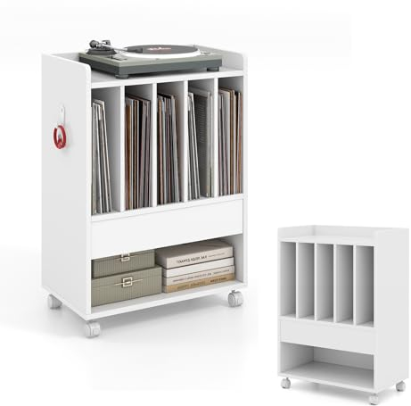 KOMFOTTEU Supporto per Giradischi in Vinile Fino a 180 Album, Mobile Giradischi con Ruote, Mobiletto Portaoggetti con Scomparti Aperti, Cassetto, Ripiano e Ganci per Ufficio, Soggiorno, Studio, Bianco