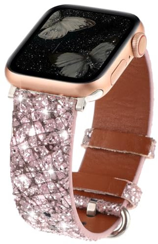 Glitter Leather Compatible with Apple Watch Bands 38mm 40mm 41mm,Bling Bands Leather Luxury Shiny Sparkle Women Strap Wristbands Replacement for iWatch Series 6 5 4 3 2 1 (Glitter-Pink, 38mm40mm41mm)