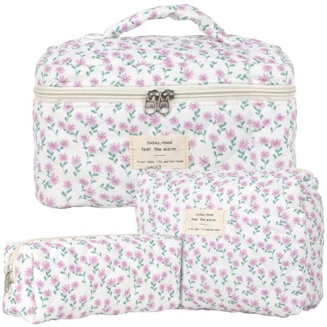 3pcs Beauty Case da Viaggio Donna, Cotone Grande Borsa Cosmetica da Viaggio, Floreale Trousse Trucchi Donna, Borsa Porta Trucchi da Toilette Makeup Bag Organizer per Donne e Ragazze