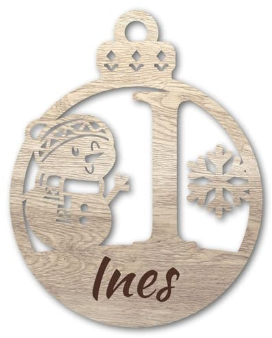 Urhome Weihnachtskugel personalisiert mit Wunschtext Gravur Buchstabe I mit Schneeman Motiv Hell Braun - Ornament Christbaumschmuck Weihnachtsdeko Weihnachtsbaum Anhänger aus 3mm Holz