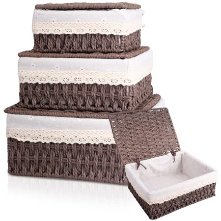 KiKiHong 3-Piece Set Woven Storage Baskets with Lids,Bathroom Basket Basket With Lid Multifunctional Storage Box for Home Office, Bathroom & Bedroom | Boho Decor(Brown)