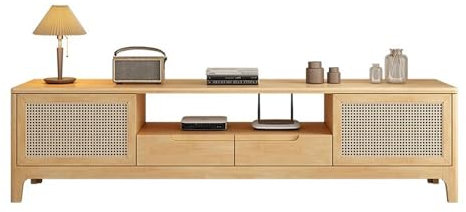 HHCTEBEC Meuble TV en Bois Massif, Centre De Divertissement avec Porte en Rotin, Table Console TV MultiméDia Moderne avec Tiroir Et éTagèRes De Rangement Ouvertes pour Salon,A,120cm