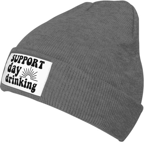 Oudrspo Schwarze Beanie-Strickmütze mit Aufschrift „I Support Drinking During The Day, Schwarze, warme, gemütliche Strickmütze