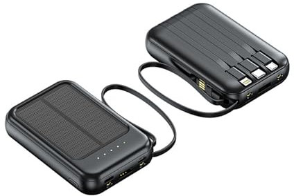 Caricabatterie Solare 20000 Mah Caricabatterie Portatile per Telefoni Cellulari Con Cavo Quadruplo E Illuminazione Con Cordino (Nero)