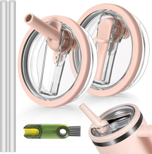 LeKuni Stanley Cup - Juego de 2 tapas antifugas para vaso Stanley Cup de 100 ml, tres colores con 2 pajitas, tapa de repuesto, color rosa