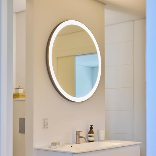 Loevschall Pisa LED Badspiegel, 80 cm Runder Spiegel mit Beleuchtung, Schwarz/Weiß Aluminiumsrahmen, Schwebender Spiegel, CRI-Wert über 95, IP44 Spritzwassergeschützt, Hohe Lumen, Perfekt für Styling