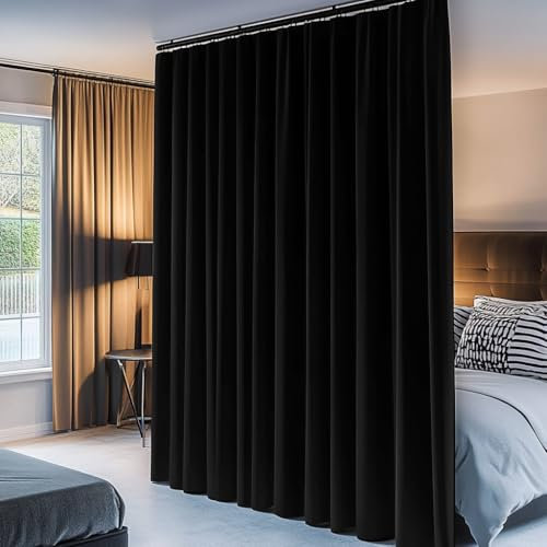 PANOVOUS Raumteiler-Verdunkelungsvorhänge, extra breit, riesige Sichtschutzvorhänge mit Deckenhaken, für Garage, Innenbereich, Trennwände, Stangentaschen, Vorhänge, 244 cm Länge, 308 x 244 cm, Schwarz