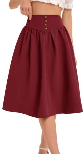 Bbonlinedress Rotes Rock Damen a Linie Faltenrock Knielang Röcke Casual Hohe Taille Midirock Basic Tellerrock Swing Freizeitrock Dark Red XL