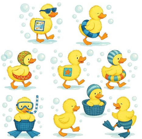 Cute Duck Wall Stickers for Bathroom – 9 Removable Waterproof Decals for Kids Bathtub and Nursery Decoration – Fun Yellow Ducklings with Bubbles and Accessories – 25cm Tall Each