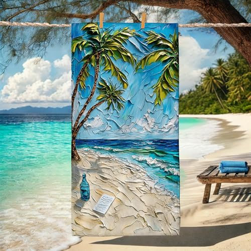 Tropical Paradise Palm Tree Beach Towel Aqua Blue Art Print, Quick Dry Absorbent Sand Free Lightweight Beach Blanket, Relaxation Travel Essentials 62x31 Inch