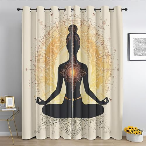 Generisch Vorhänge Blickdicht Meditation Yoga, Gardinen mit Ösen, Vorhang Hippie Zen Spirituelle für Schlafzimmer Wohnzimmer Thermovorhang Dekoration Curtains 220 x 215cm (H x B) hU4&i-6
