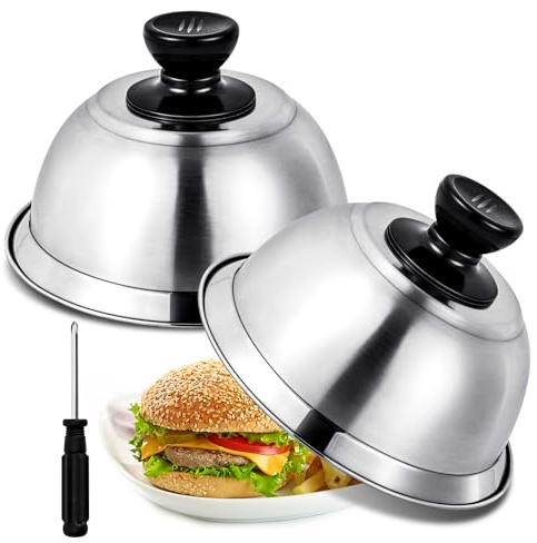 Omtofo Burgerglocke, 2 Stück Edelstahl Burger Glocke Set, 22.3x8cm Burgerhauben mit Hitzebeständig Silikongriff, Schmelzglocke Abdeckhaube für Teppanyaki und Grill & Küche Kochen, Innen & Außen