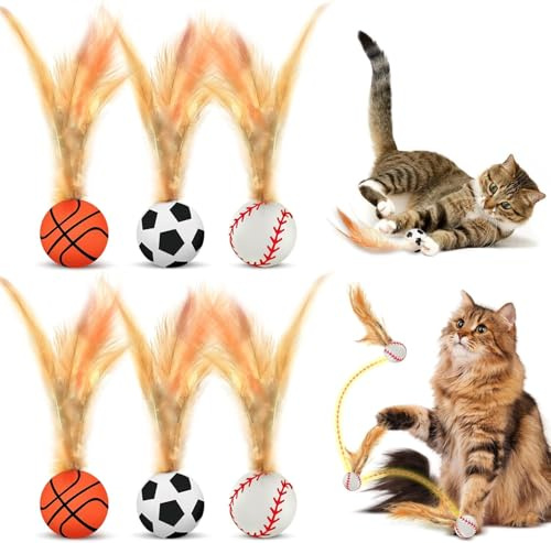 Bertifive 6 Stück Hüpfender Katzenball mit Feder, Interaktives Katzenspielzeug Feder Katzenbälle, hüpfender Spielzeug Ball, Katzen-Hüpfballspielzeuge Hochelastischer Spaß für Katzen Federkatzenball