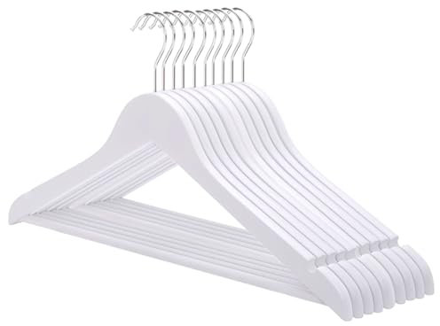 Pack 12 Perchas de Madera Blanca para Ropa,Gancho Giratorio 360º Colgador Antideslizante para Trajes, Abrigos, Chaquetas y Camisas, Muescas para Vestidos y Blusas
