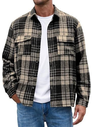 Anelune Flanellhemd Herren Langarm Kariert Flanellhemden bügelfrei Casual Button Down Freizeithemd Mit Brusttasche Normal Passform Khaki Schwarz