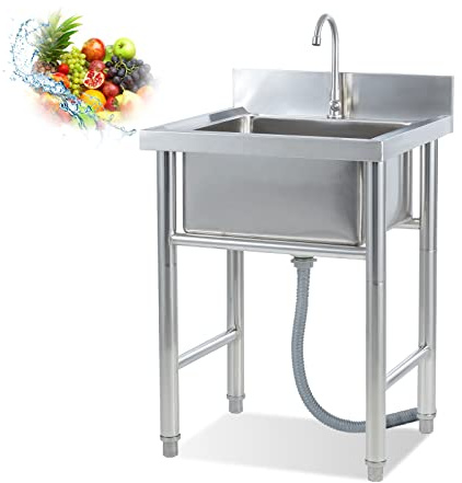 NHPJFDC Évier de Cuisine en Acier Inoxydable à Une cuve, pour préparation et utilité commerciales avec Robinet (Restaurant, buanderie, Garage) 60 x 60 x 80 cm