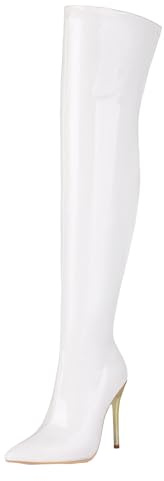 CUTEHEELS Stivali a spillo sopra il ginocchio, 11 cm, antiscivolo per feste, bianco, 42 EU