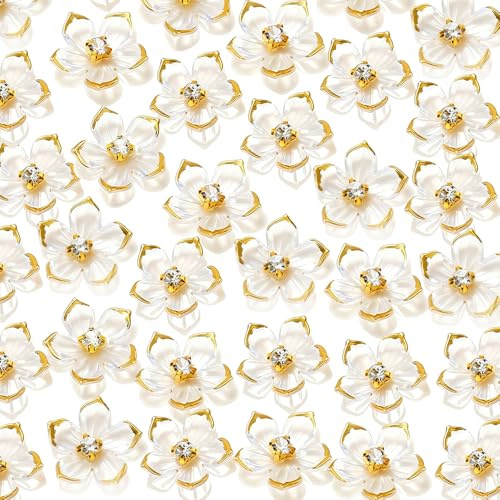 50 perlas acrílicas transparentes, sin agujeros, borde dorado, perlas de flores, 23 mm, cinco pétalos, juego de perlas de flor de cerezo, para hacer joyas