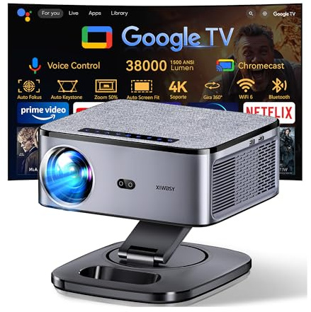 Proyector 【Google TV/1500 ANSI/Gira 360°】 XIWBSY Proyector 4K Soporte Auto Focus/Keystone, WiFi 6 Bluetooth, 38000 Lúmenes, Control por Voz Projector Netflix Oficial, Portatil Proyectores Video